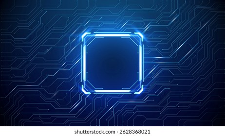 Fundo de tecnologia abstrato com quadro de néon azul claro. Elemento HUD técnico com espaço de texto vazio. Tecnologia digital bg. Placa de circuito e portal neon.  Elemento de design para interface futurista. Vetor 