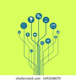Abstract technology background with lines, circles and icons. Growth tree concept with mobile phone, technology, laptop, cloud computing, usb, pad and router icons. Vector illustration.