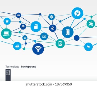 Abstract technology background with lines, circles and flat icons. Infographic concept with mobile phone, circuit, technology, laptop, cloud computing, usb, pad and router icons. Vector illustration. 