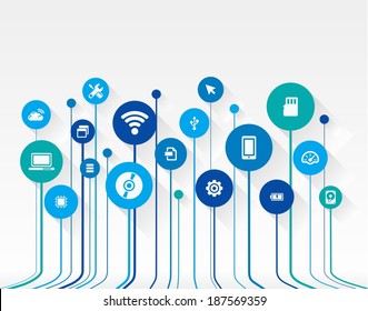 Abstract technology background with lines, circles and flat icons. Growth (circuit) concept contains mobile phone, technology, laptop, cloud computing, usb, pad and router icons. Vector illustration.