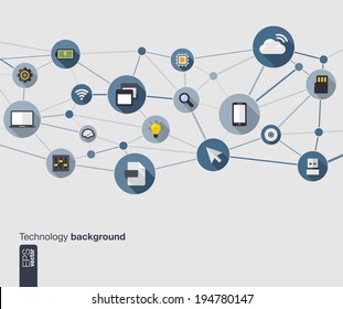 Abstract technology background with lines, connected circles and flat icons. Network concept with mobile phone, internet, cloud computing, circuit , usb, pad and computer icons. Vector illustration.