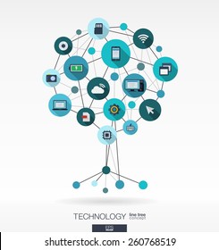 Abstract technology background with lines, connected circles, integrated flat icons. Growth tree (circuit) concept with technology, cloud computing and router icons. Vector interactive illustration.