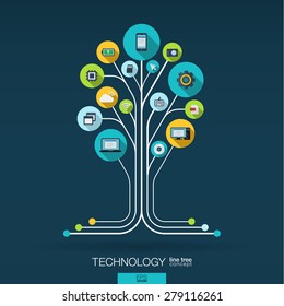 Abstract technology background with lines, connected circles, integrated flat icons. Growth tree (circuit) concept with technology, cloud computing and router icons. Vector interactive illustration.