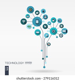 Abstract technology background with lines, connected circles, integrated flat icons. Growth flower (circuit) concept with technology, cloud computing and router icons. Vector interactive illustration.