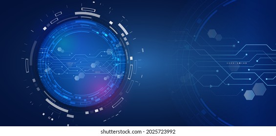 Abstract technology background made from a circle and a circuit board. Futuristic composition of high-tech elements on a blue background. Computer technologies for presentation 