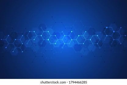 Resumen del fondo tecnológico de las moléculas. Estructuras moleculares o ingeniería química, investigación genética, tecnología de innovación. Concepto científico, técnico o médico. Ilustración vectorial.