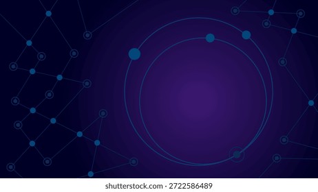 Abstract technology background with network connections, digital nodes and circular interface elements on purple gradient. Futuristic science and data visualization concept with copy space.