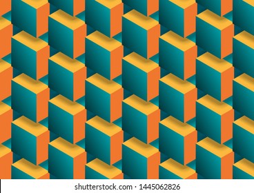 Abstract technology background with orange turquoise 3d geometric shapes. Cubes block geometry composition. Tech bright squares vector design