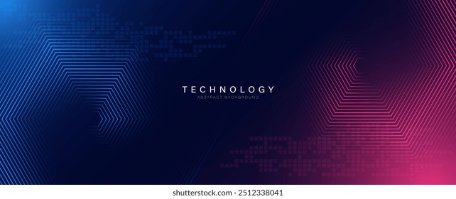 Abstract technology background with pink and blue light effect. Glowing hexagon lines pattern. Modern graphic elements. Futuristic digital technology concept. Vector illustration