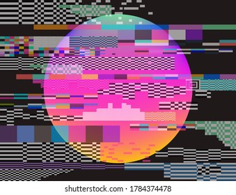 Abstract technology background with pixel noise compression artifacts and glowing neon circle. Glitched screen with digital datamoshing effect.