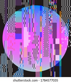 Abstract technology background with pixel noise compression artifacts and glowing neon circle. Glitched screen with digital datamoshing effect.