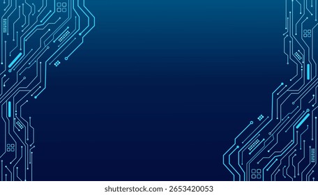 Abstract technology background with printed circuit board patterns and digital connection lines. Futuristic computer engineering design for banners, presentations, or artificial intelligence