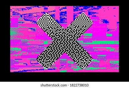 Abstract technology background with random pixel noise and cross in the middle of the geometric composition.