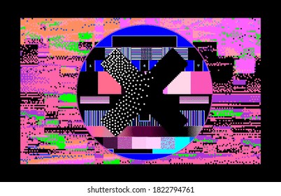 Abstract technology background with random pixel noise and cross in the middle of the geometric composition.