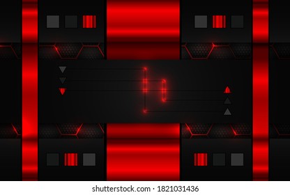Abstract technology background with red and black metal texture on hexagon shape composition. Futuristic light vector graphic. Layout design template for corporate banner, web, wallpaper, presentation
