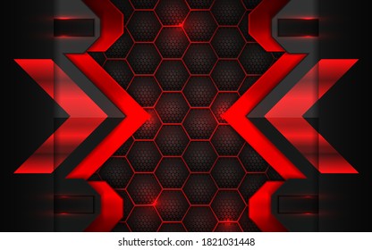 Abstract technology background with red and black metal texture on hexagon shape composition. Futuristic light vector graphic. Layout design template for corporate banner, web, wallpaper, presentation