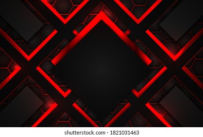 Abstract technology background with red and black metal texture on hexagon shape composition. Futuristic light vector graphic. Layout design template for corporate banner, web, wallpaper, presentation