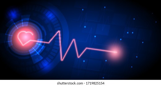 Abstract technology background with red glowing heart and pulse wave, hi-tech style circle.