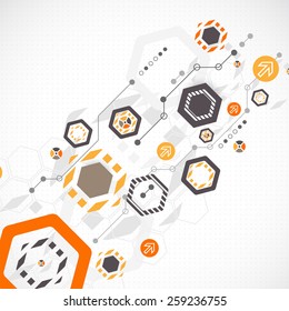 Abstract technology background with red squares and elements. Vector