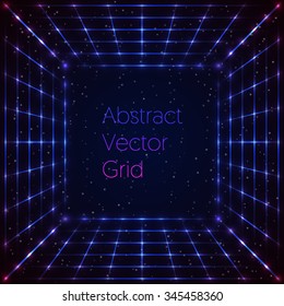 Abstract technology background. Retro disco stage (grid) with glowing light effects on a deep night sky. Vector illustration