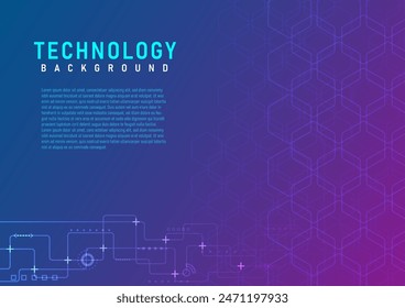 Abstract Technology Background Right hexagonal outline with bottom circuit lines and elements On the left side there is space to place text with a blue-purple gradient background.