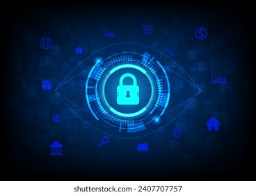 Abstract Technology Background Security system by scanning eyes to enter Big data and internet has tech circles in the center with glowing keys icons scattered around a blue gradient background.