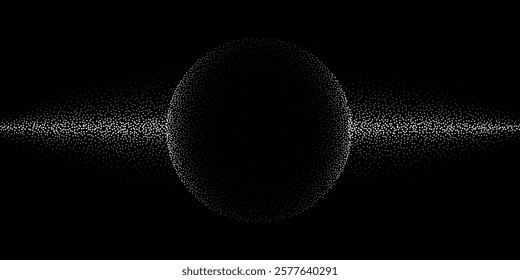 Abstract technology background. Silhouette of globe composed of white dots with gradient effect and horizontal line of flying particles isolated on black. Digital vector illustration.