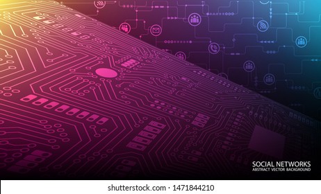 Abstract technology background. Social networks and the global Internet. Computer board and microcircuits. Electronic chips. Social network icons. Soft orange and blue colors. Future. Vector.