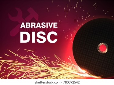 Abstract technology background with spinning cutoff wheel and sparks vector illustration. Building tools logo