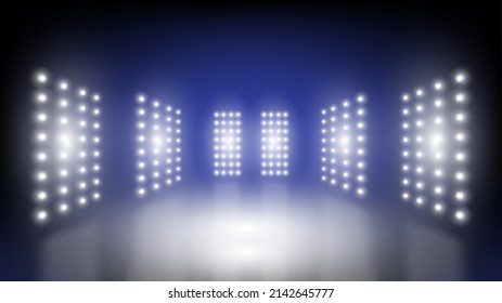 Abstract technology background stadium stage hall with scenic lights of round futuristic technology user interface Blue vector lighting empty stage spotlight background.