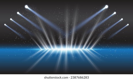 Abstract technology background stadium stage hall with scenic lights of round futuristic technology user interface Blue vector lighting empty stage spotlight background.