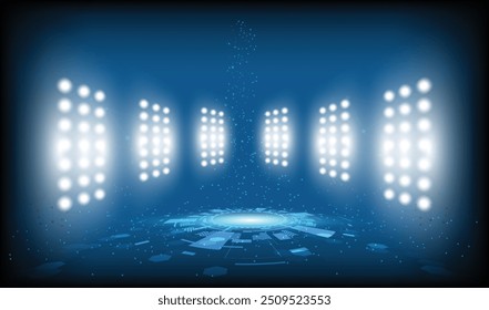 Abstrakte Technologie Hintergrund Stadion Bühne Halle mit szenischen Lichtern der runden futuristischen Technologie Benutzeroberfläche Blaue Vektorbeleuchtung leere Bühne Scheinwerfer Hintergrund.