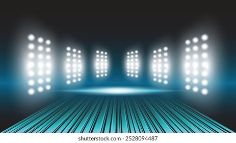 Abstract technology background stadium stage hall with scenic lights of round futuristic technology user interface Blue vector lighting empty stage spotlight background.