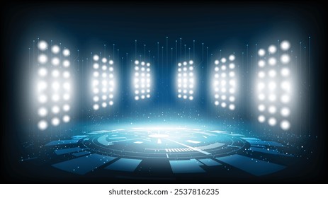 Abstrato tecnologia fundo estádio palco hall com luzes cênicas de tecnologia futurista redonda interface do usuário Blue vetor iluminação vazio palco holofote fundo.