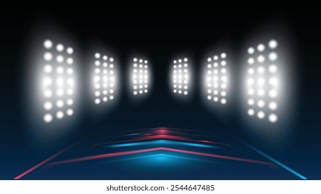 Abstract technology background stadium stage hall with scenic lights of round futuristic technology user interface Blue vector lighting empty stage spotlight background.