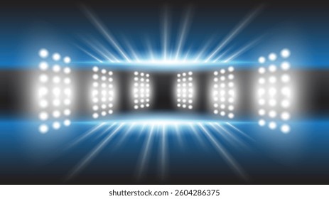 Abstract technology background stadium stage hall with scenic lights of round futuristic technology user interface Blue vector lighting empty stage spotlight background.