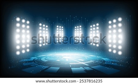 Abstract technology background stadium stage hall with scenic lights of round futuristic technology user interface Blue vector lighting empty stage spotlight background.
