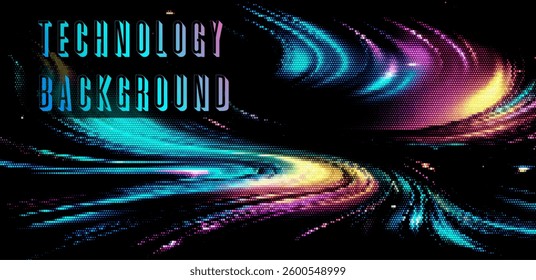 Abstract technology background with swirling multicolored pixel patterns in neon shades of blue, purple, and yellow on a black backdrop.