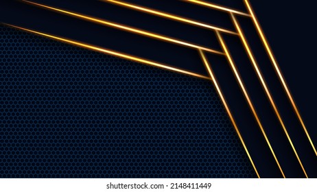 Abstract technology background template modern elegant dark geometric shapes overlap with shining golden strips.