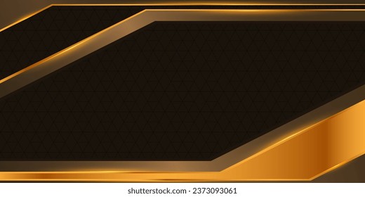 Abstract technology background template modern elegant dark geometric shapes overlap with golden shining strips.