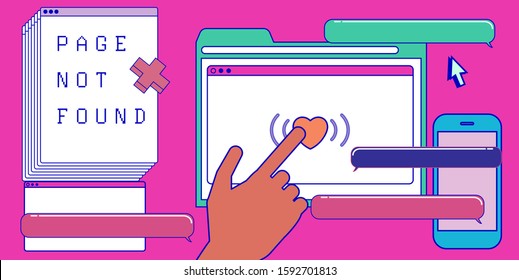 Abstract technology background with UI and UX elements, Hand pushing "like" button on virtual screen and mobile phone. Virtual reality, front-end and back-end IT development concept.