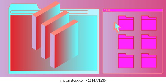 Abstract technology background with user interface elements: browser window and folders. Retrofuturistic vaporwave style illustration in vibrant neon colors.