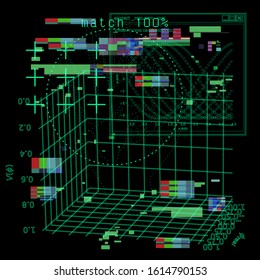 Abstract technology background with User Interface or HUD elements and Pixelated Glitch Effect. 