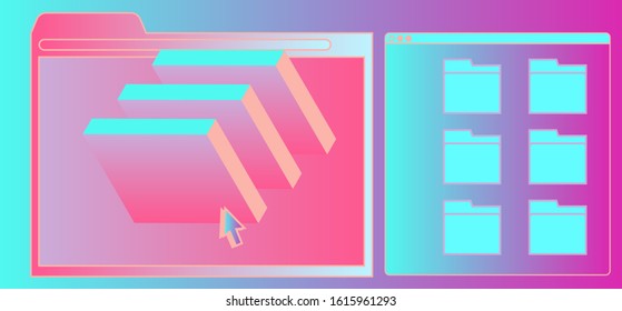 Abstract technology background with user interface elements: browser window and folders. Retrofuturistic vaporwave style illustration in vibrant neon colors.