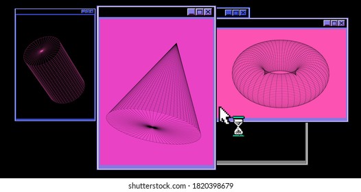Abstract technology background with user interface elements, open tabs and geometric 3d plots. Scientific research concept.