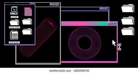 Abstract technology background with user interface elements, open tabs and geometric 3d plots. Scientific research concept.