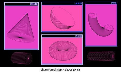 Abstract technology background with user interface elements, open tabs and geometric 3d plots. Scientific research concept.