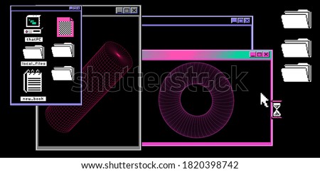 Abstract technology background with user interface elements, open tabs and geometric 3d plots. Scientific research concept.