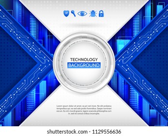 Abstract technology background with various technology elements and data protection icons. Hi-tech communication concept innovation background