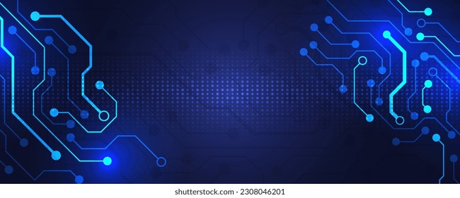 Abstract technology background with various technology elements. Hi-tech communication concept innovation background. Circuit board electronic or electrical line on blue tech background.